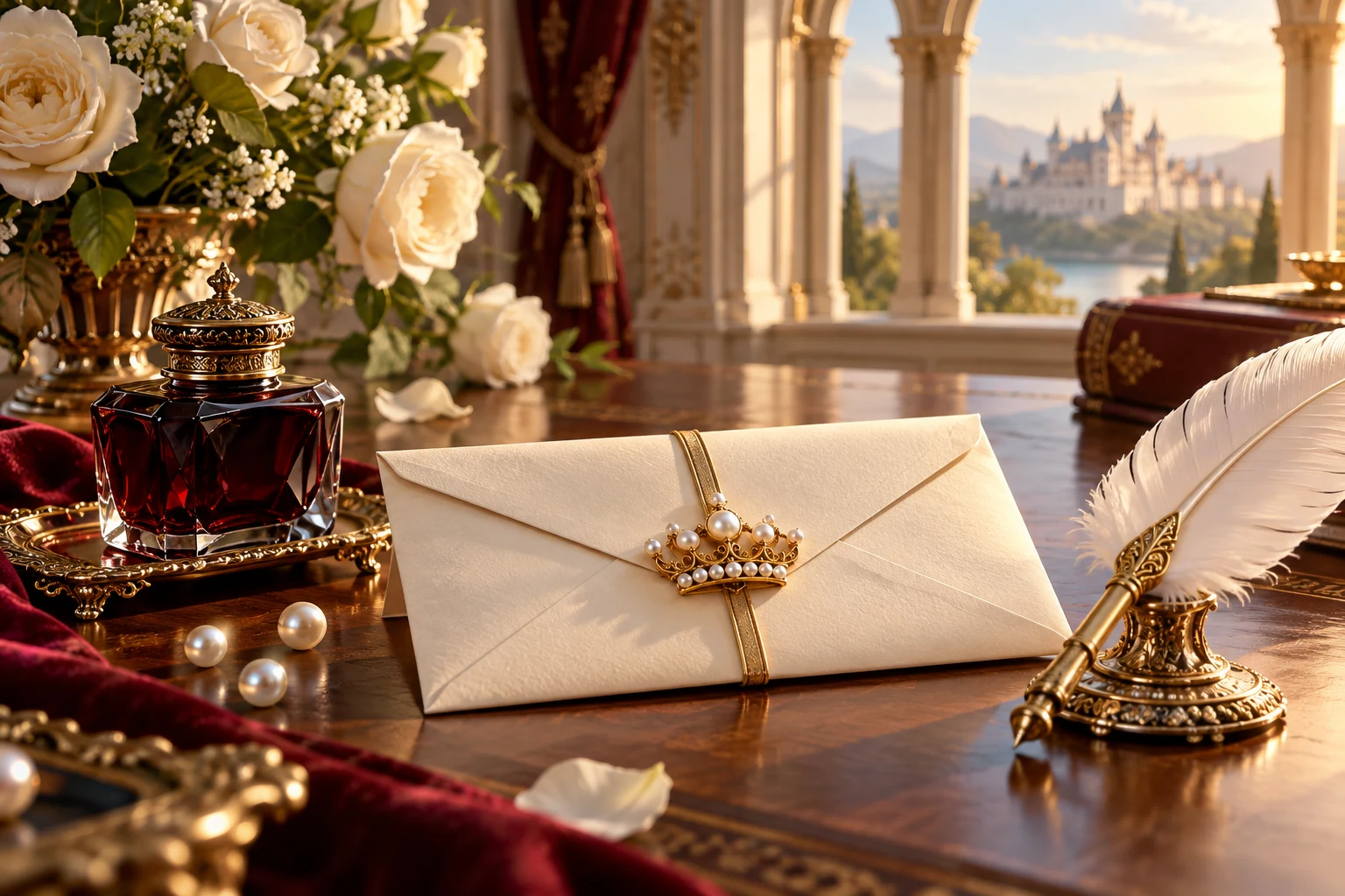 A pearl-coronet clasp, quill and ruby ink bottle on a royal writing desk