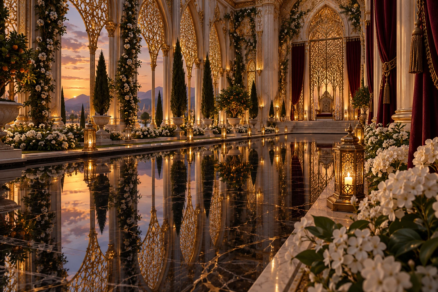Gold lattice arches reflected in the dark pool of an evening royal orangery