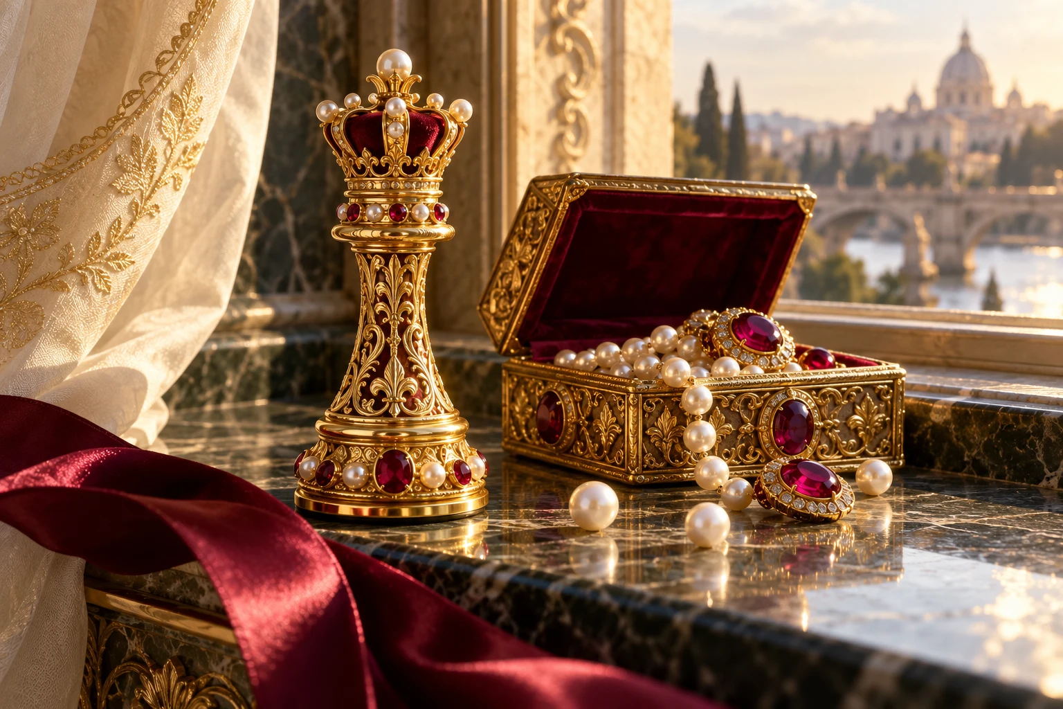 A pearl-crowned gold chess piece beside an open jewel box