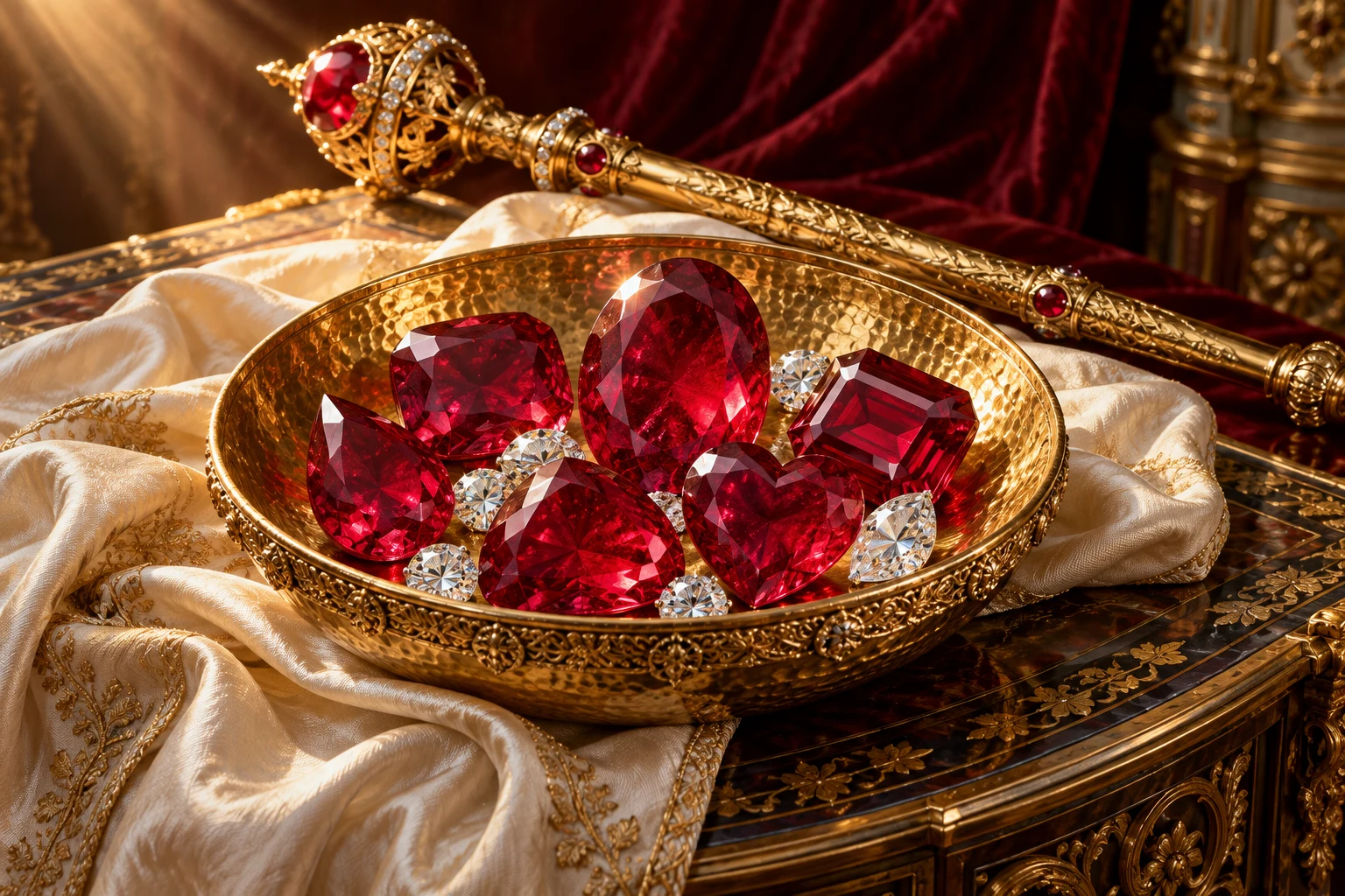 Cut rubies in a hammered gold bowl on ivory silk
